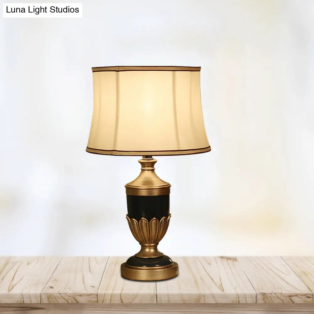 Vintage Drum Desk Lamp with Fabric Night Table Lighting - 1 Head, Black/Brown/Green Pot Base