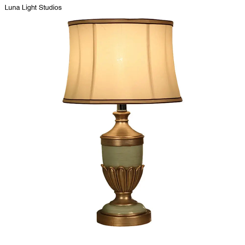 Vintage Drum Desk Lamp with Fabric Night Table Lighting - 1 Head, Black/Brown/Green Pot Base