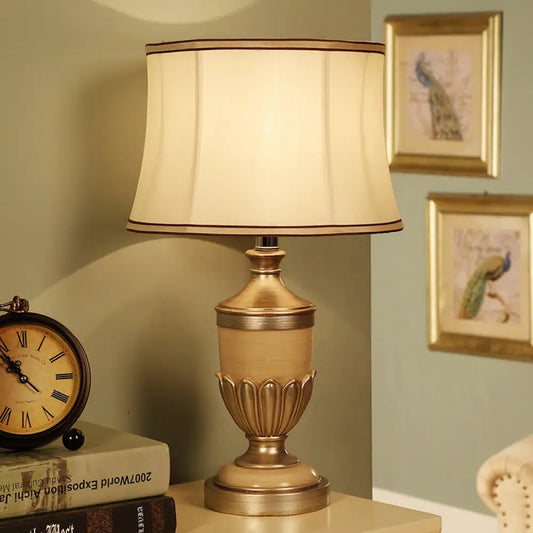 Vintage Drum Desk Lamp with Fabric Night Table Lighting - 1 Head, Black/Brown/Green Pot Base
