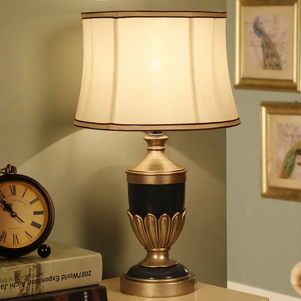 Vintage Drum Desk Lamp with Fabric Night Table Lighting - 1 Head, Black/Brown/Green Pot Base