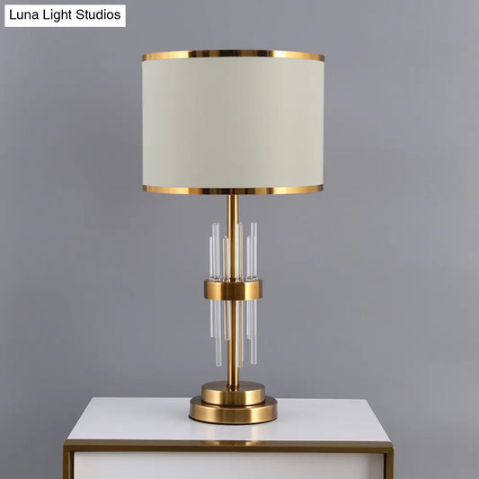 Vintage Drum Fabric Nightstand Lamp - Single-Bulb Table Lighting for Study Room with Crystal Rod - White
