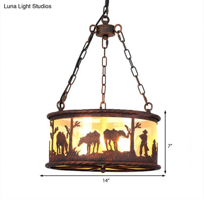 Vintage Drum Pendant Chandelier: 3-Bulb Metal & Fabric Ceiling Lamp with Animal Pattern - Rust Finish, Ideal for Dining Rooms