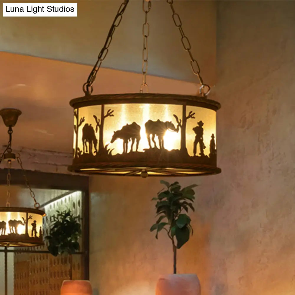 Vintage Drum Pendant Chandelier: 3-Bulb Metal & Fabric Ceiling Lamp with Animal Pattern - Rust Finish, Ideal for Dining Rooms