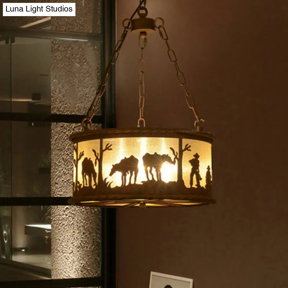 Vintage Drum Pendant Chandelier: 3-Bulb Metal & Fabric Ceiling Lamp with Animal Pattern - Rust Finish, Ideal for Dining Rooms