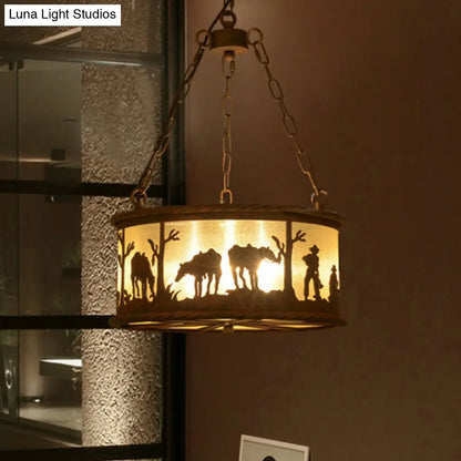 Vintage Drum Pendant Chandelier: 3-Bulb Metal & Fabric Ceiling Lamp with Animal Pattern - Rust Finish, Ideal for Dining Rooms