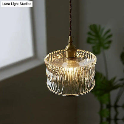 Vintage Drum Pendant Light - 1-Light Clear Ribbed Glass Fixture