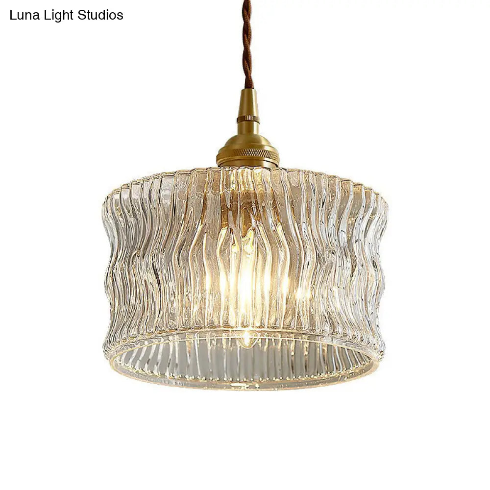 Vintage Drum Pendant Light - 1-Light Clear Ribbed Glass Fixture