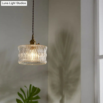 Vintage Drum Pendant Light - 1-Light Clear Ribbed Glass Fixture