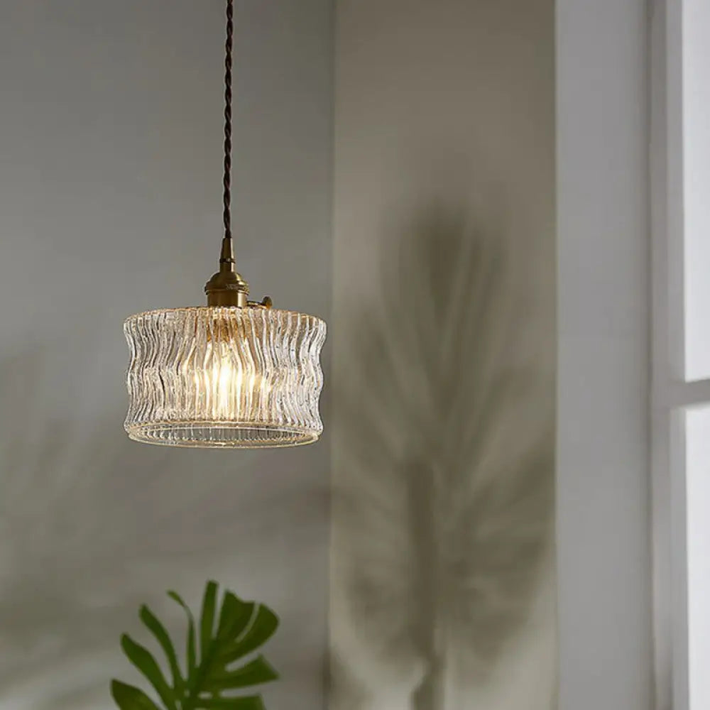 Vintage Drum Pendant Light - 1-Light Clear Ribbed Glass Fixture