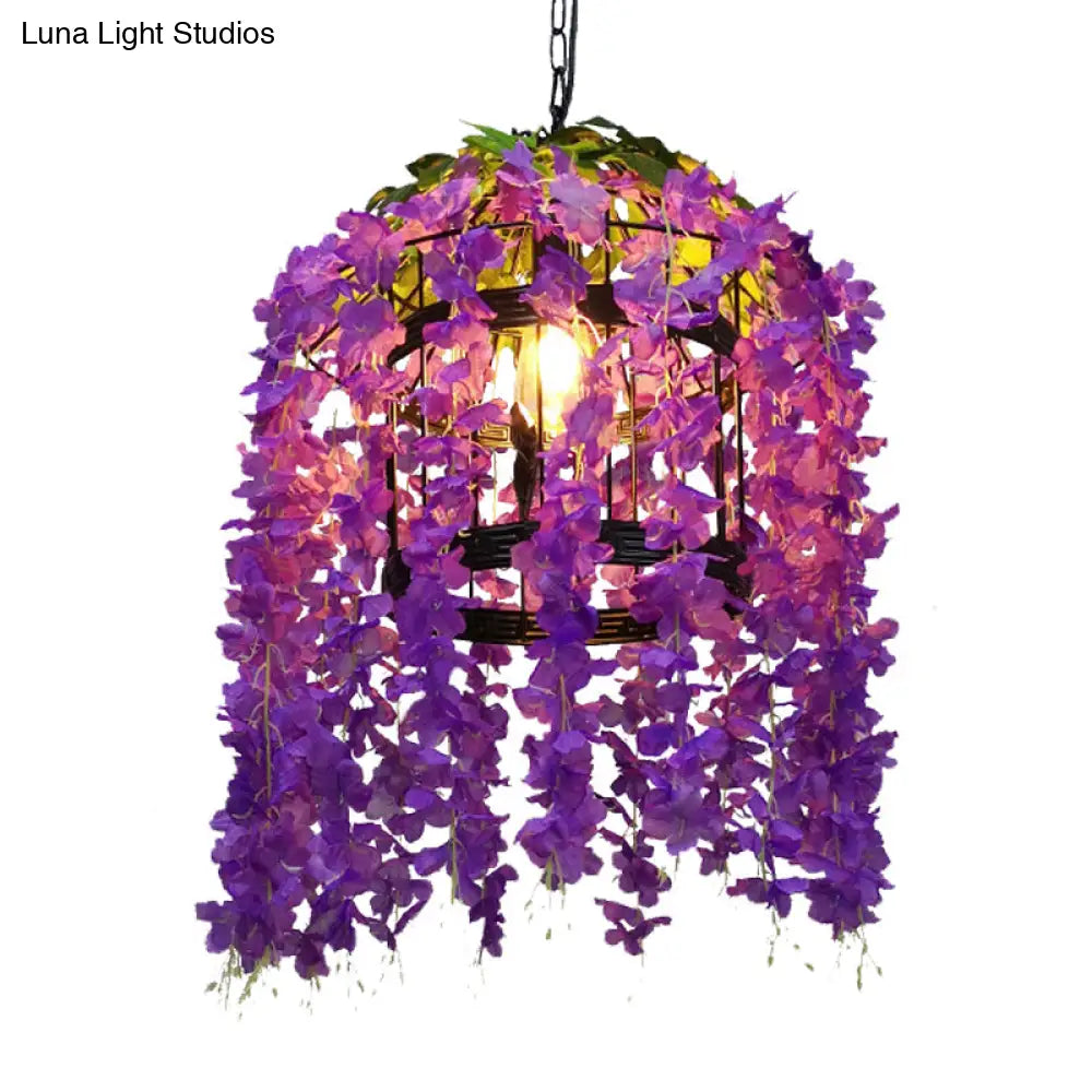 Vintage Drum Pendant Light - 1-Light Metal LED Flower Hanging Kit (Pink/Purple) for Restaurants