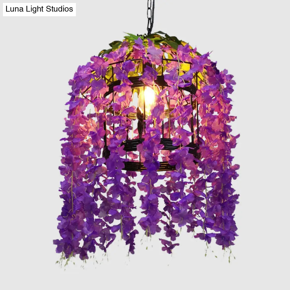 Vintage Drum Pendant Light - 1-Light Metal LED Flower Hanging Kit (Pink/Purple) for Restaurants