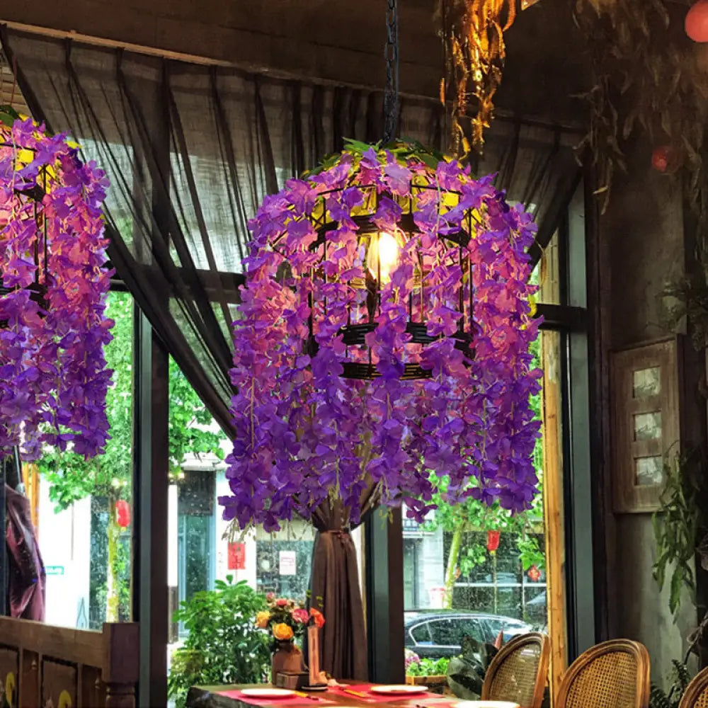 Vintage Drum Pendant Light - 1-Light Metal LED Flower Hanging Kit (Pink/Purple) for Restaurants