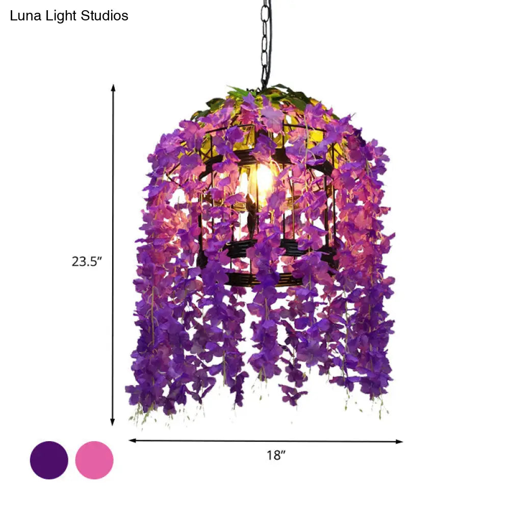 Vintage Drum Pendant Light - 1-Light Metal LED Flower Hanging Kit (Pink/Purple) for Restaurants
