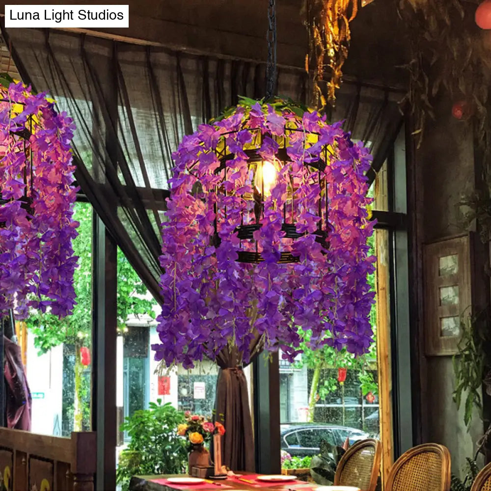 Vintage Drum Pendant Light - 1-Light Metal LED Flower Hanging Kit (Pink/Purple) for Restaurants