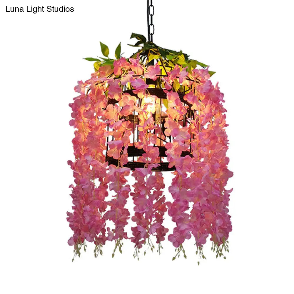 Vintage Drum Pendant Light - 1-Light Metal LED Flower Hanging Kit (Pink/Purple) for Restaurants