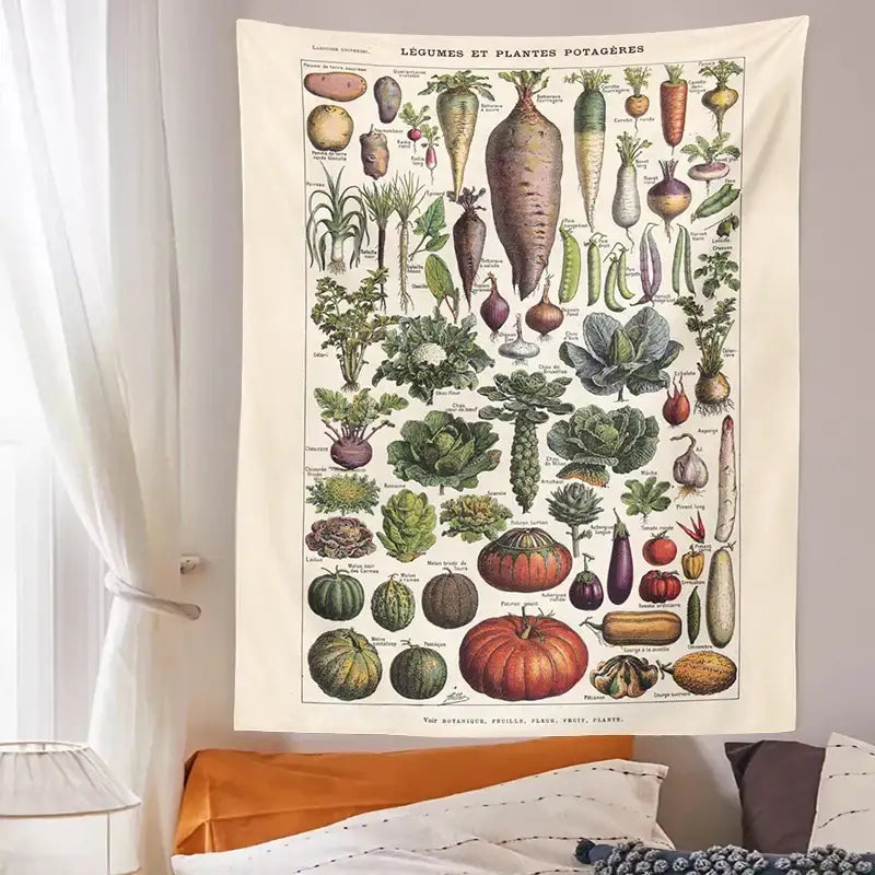 Beige wall hanging vintage earth tone botanical plant chart tapestry featuring root vegetables for kitchen decorbites decor