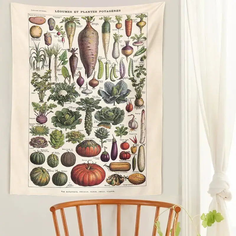 Beige decorbites botanical plant chart tapestry with vintage earth tone vegetables for kitchen wall art decor