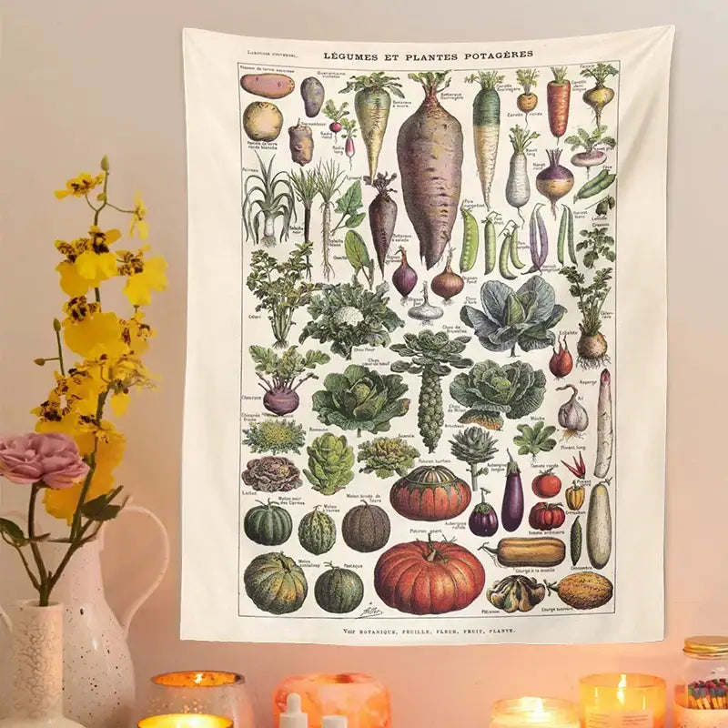 Vintage earth tone botanical plant chart tapestry featuring detailed vegetable illustrations for kitchen wall decorbites decor