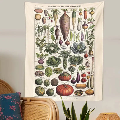 Beige fabric plant chart tapestry with detailed vintage botanical plant chart in muted greens browns and reds for kitchen decorbites decor