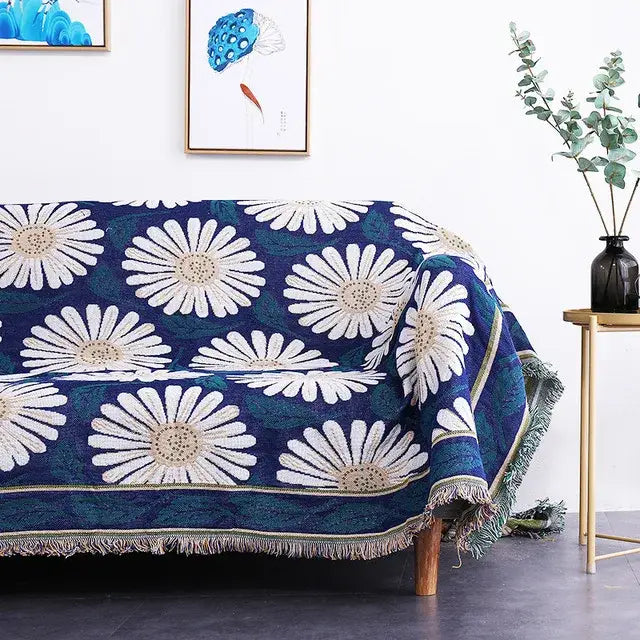 Blue and white daisy-patterned woven throw blanket with fringed edges for living room decorbites bohemian cotton plaid sofa