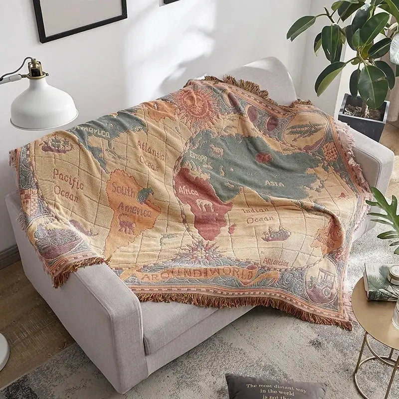 Vintage earth tone world map throw blanket with fringed edges in decorbites bohemian cotton plaid for sofa decor