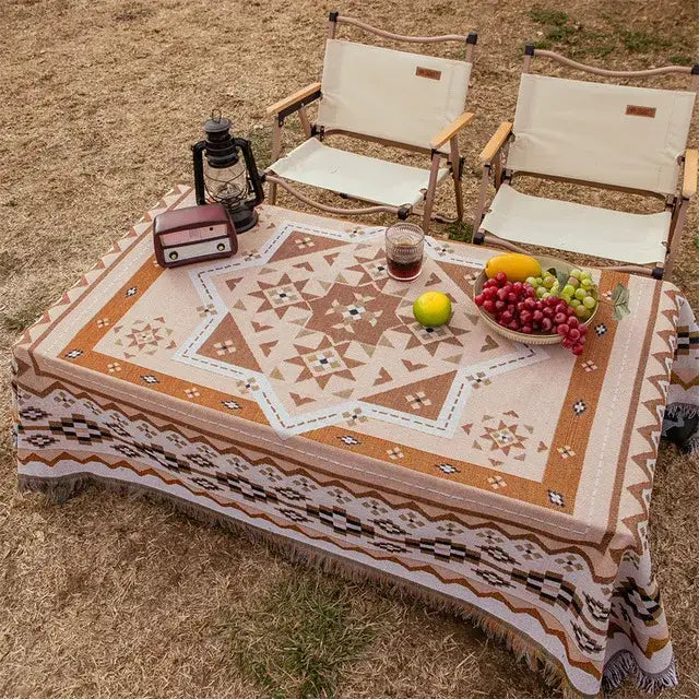 Beige and terracotta geometric-patterned bohemian cotton plaid sofa blanket with fringed edges for living room decorbites bohemian cotton