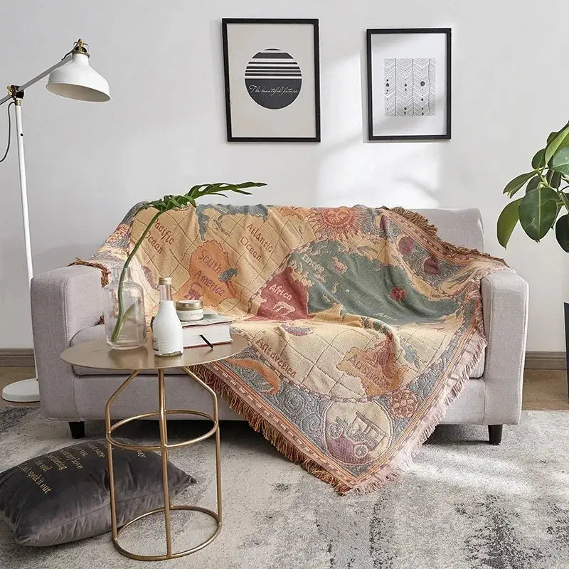 Vintage earth tone world map throw blanket with fringed edges made of bohemian cotton plaid for cotton plaid sofa decorbites