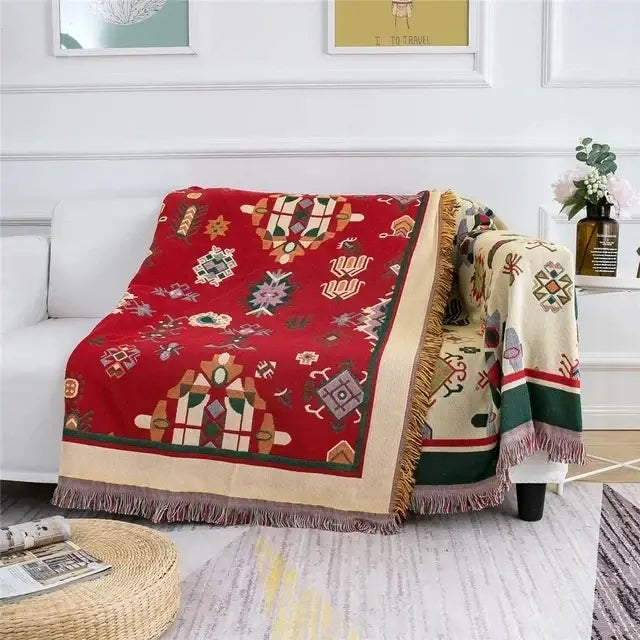 Red and cream patterned bohemian cotton plaid sofa blanket with geometric designs and fringe edges for living room decorbites bohemian cotton