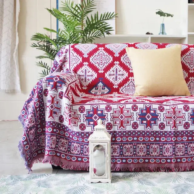 Vintage earth tone world map bohemian cotton plaid sofa blanket with red white and purple geometric pattern and fringed edges
