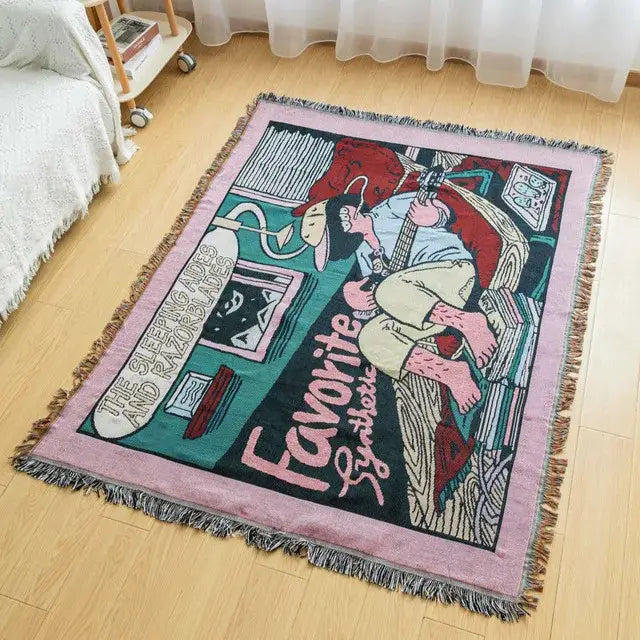 Pink-fringed bohemian cotton plaid sofa blanket with retro musician illustration and vintage earth tone world map decorbites bohemian cotton