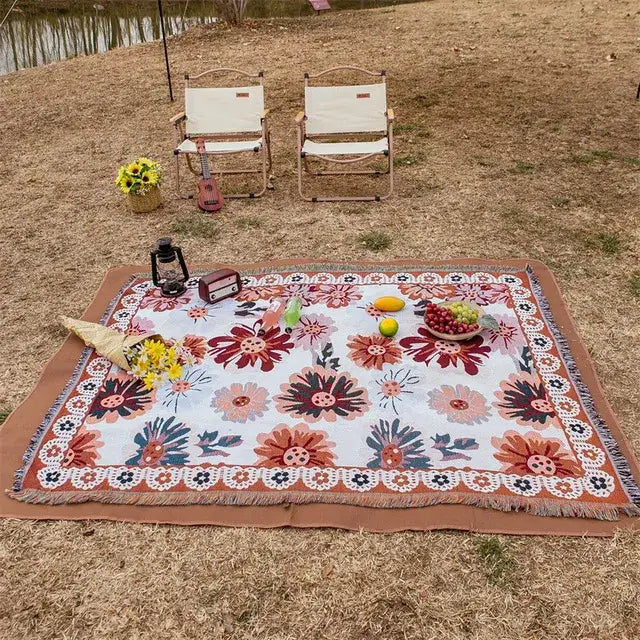 Vintage earth tone world map bohemian cotton plaid sofa blanket with cozy floral pattern and intricate crochet decorbites bohemian cotton