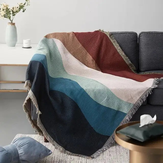 Vintage earth tone world map bohemian cotton plaid sofa blanket with multicolored woven stripes and fringed edges