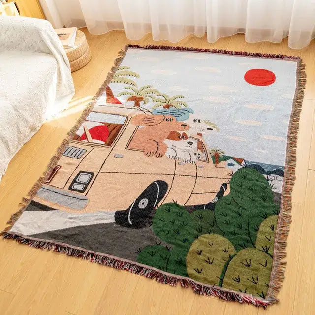 Cozy bohemian cotton plaid sofa blanket featuring a woven vintage van and dogs illustration with earth tone colors