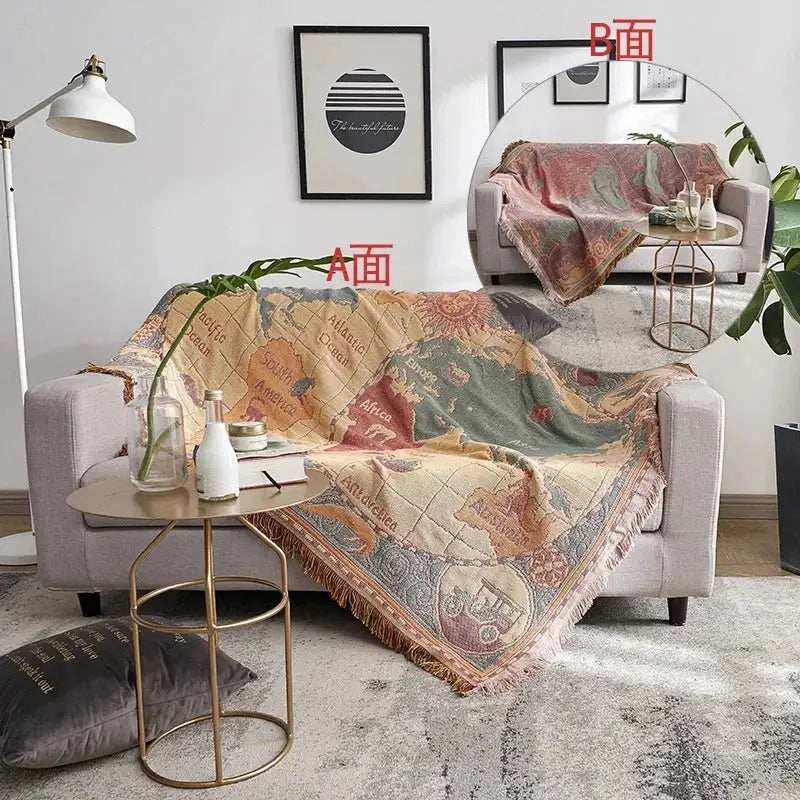 Vintage earth tone world map bohemian cotton plaid sofa blanket with soft textured fabric and fringed edges by decorbites