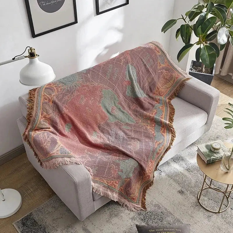 Vintage earth tone world map bohemian cotton plaid sofa blanket with fringed edges for living room decorbites bohemian cotton