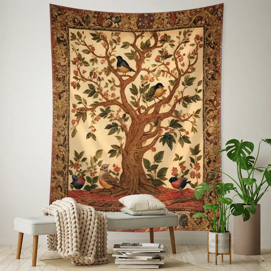 Vintage earthy flying bird tree tapestry wall hanging featuring detailed bird tree design in brown green and cream tones