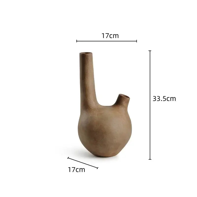 Earthenware geometric stoneware vase with two openings in earthy tones for vintage living room decorbites geometric stoneware