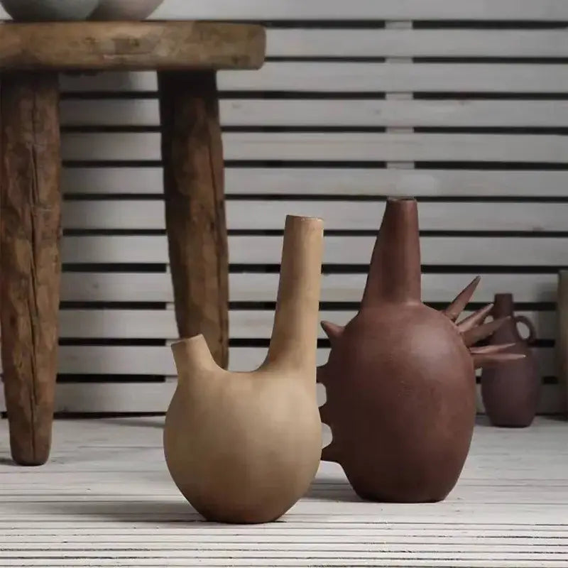Vintage earthy geometric stoneware vase set featuring decorbites geometric stoneware with matte beige and terracotta finishes