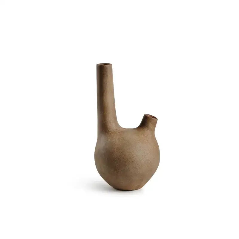 Earthenware bong with rounded bulbous base and side arm in matte brown clay for decorbites geometric stoneware decor