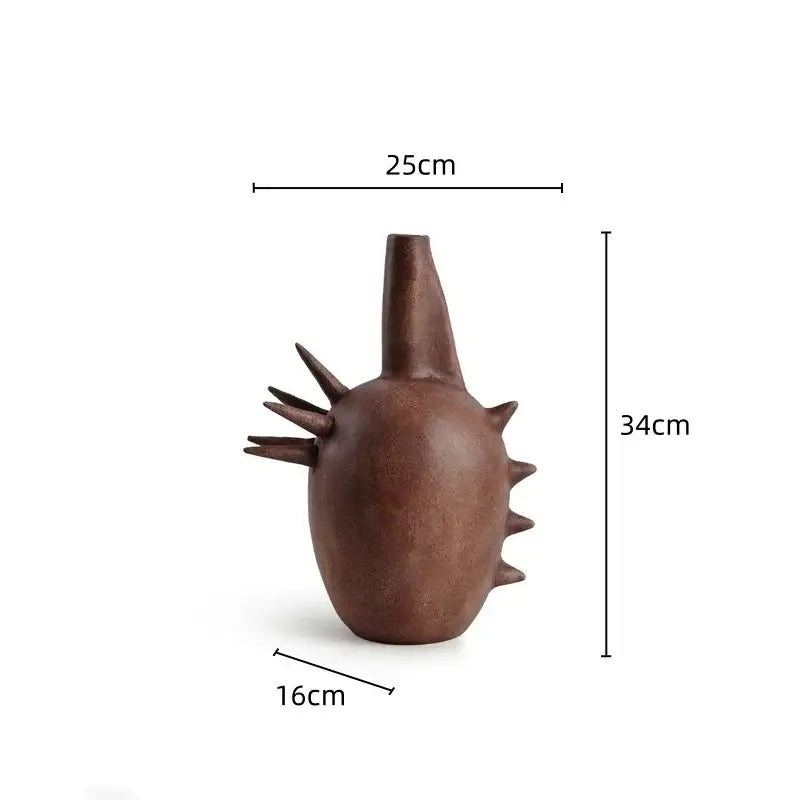 Brown ceramic geometric stoneware vase with rounded body and spiky details for vintage living room decorbites decorbites geometric stoneware