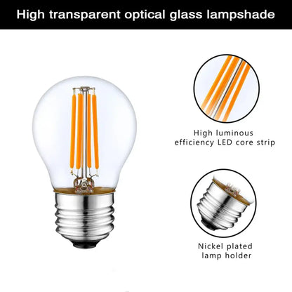 Vintage edison clear glass led globe bulb with warm orange filament and nickel-plated base for dimmable bedroom light