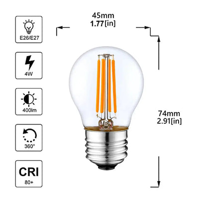 Vintage edison clear glass led globe bulb with four orange filaments and silver metal base for dimmable bedroom light