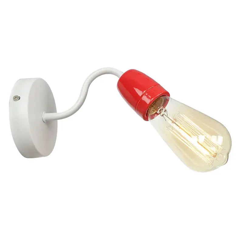 Red-capped vintage-style edison bulb wall lamp with white curved arm decorbites colorful ceramic led for bedroom decor