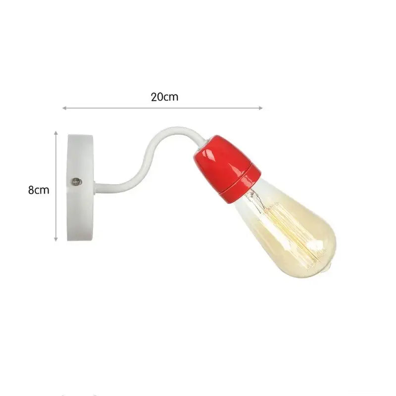 A white wall lamp with a curved arm and red-capped clear bulb from decorbites colorful ceramic led collection