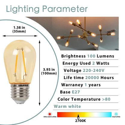 Warm white vintage-style led filament decorbites amber plastic bulb with clear glass and brass base for patio string lights