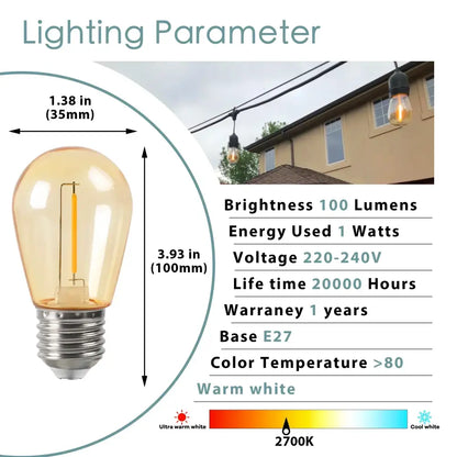 Warm white vintage style led bulb with clear glass and e27 base from decorbites amber plastic 6-pack string lights
