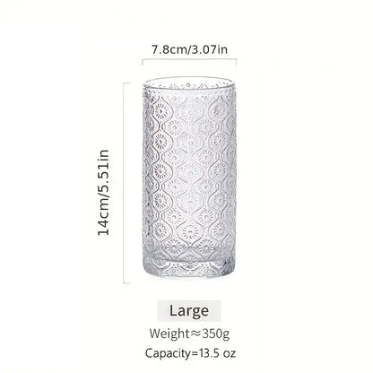 Clear glass vintage glassware tumbler with embossed geometric pattern part of blue red and gold glassware set