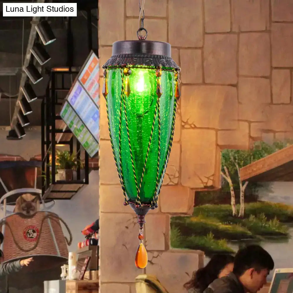 Decorbites™ emerald green glass pendant light with ornate metal accents and amber beads vintage style restaurant lighting
