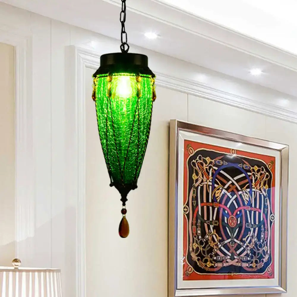 Decorbites™ vintage style green glass pendant light with black metal frame and hanging chain for restaurant down lighting