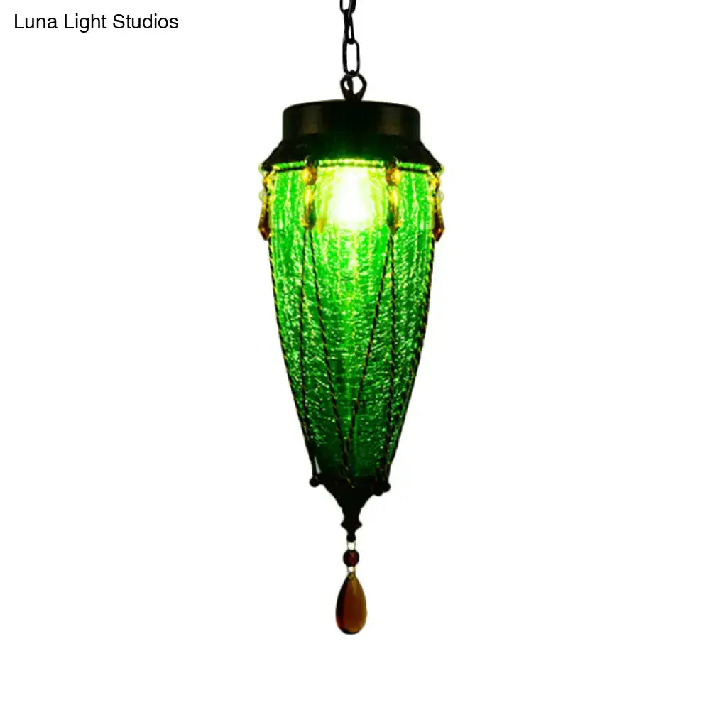 Decorbites™ conical green glass pendant light with black metal accents and amber bead vintage style glass pendant